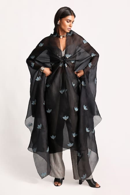 Kritika Murarka Black Cotton, Organza Silk Floral Bustier Sweetheart Neck, Cape Pant Set