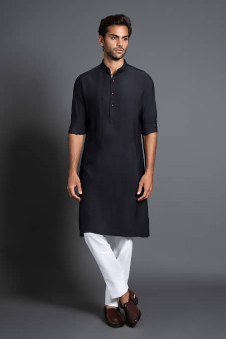 Raghavendra Rathore Jodhpur Black Silk Embroidery Pintuck And Kantha Work Kurta