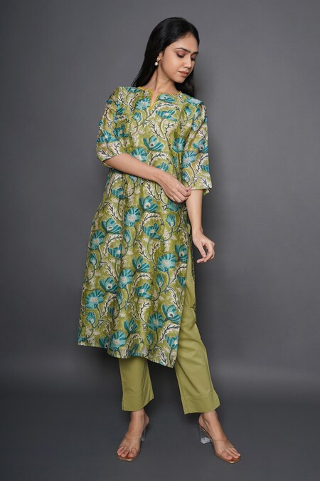 Olive Green Floral Hand block Printed Cotton Kurti Pant Set