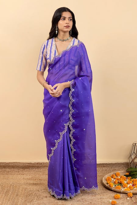 Embroidered Organza Saree in Charcoal Black : SAR1710