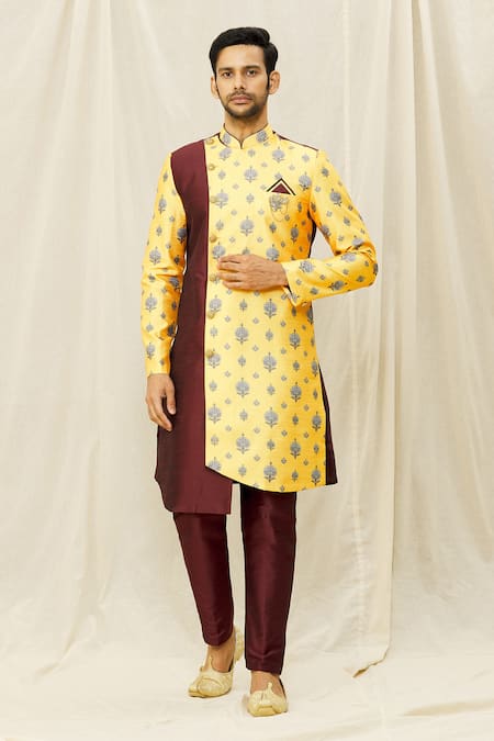 Aryavir Malhotra Printed Asymmetrical Panel Sherwani Set 