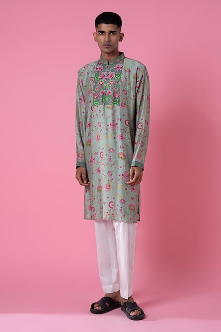Siddhartha Bansal Green Chanderi Printed Wild Flower Kurta Set  