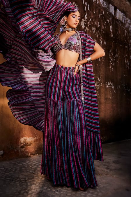 Awigna Wine Crepe Printed Stripe Cape Open Qaabira Sharara Set  