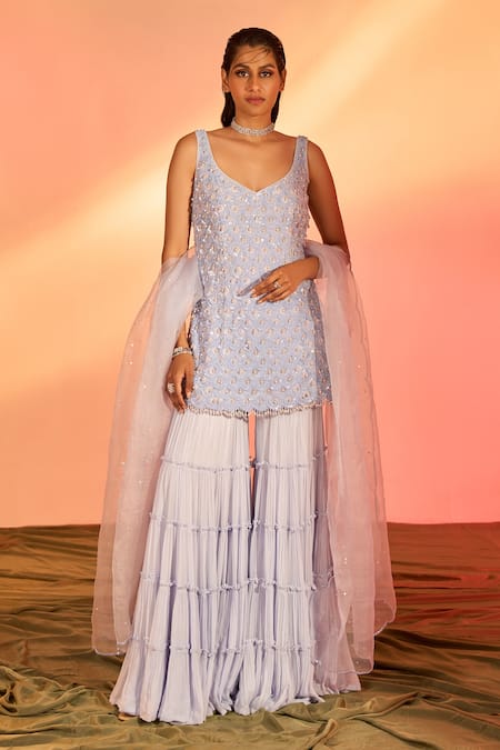 J By Jannat Blue Georgette, Organza, Silk Sequins, Beads Embroidered Kurta Sharara Set 