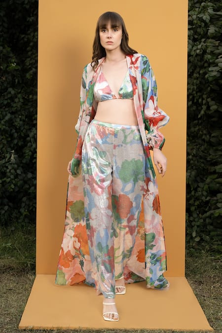 Mandira Wirk Resort Green Georgette And Organza Hibiscus Print & Sequin V Embroidered Cape & Pant Set