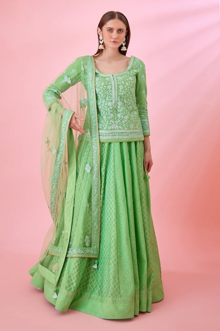 Buy POMCHA JAIPUR Red Mirza Short Kurta Lehenga Set Online | Aza Fashions