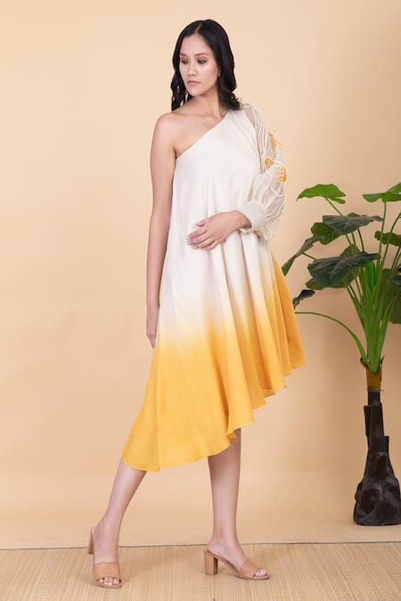 Chambray & CO. Yellow Silk Crystals One Shoulder Ombre Flared Dress