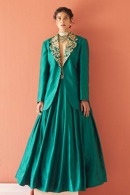 Esha Arora_Green Silk Chanderi Cutdana, Floral, Sequin Embroidered Blazer And Lehenga Set _Online_at_Aza_Fashions