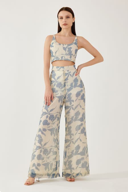 KoAi Blue Chiffon Floral High Waist Flared Pant 