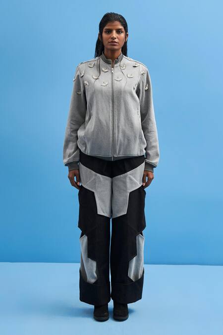 Buy_Siddhant Agrawal_Grey Denim Embroidery High Neck Crane Bomber Jacket _Online_at_Aza_Fashions