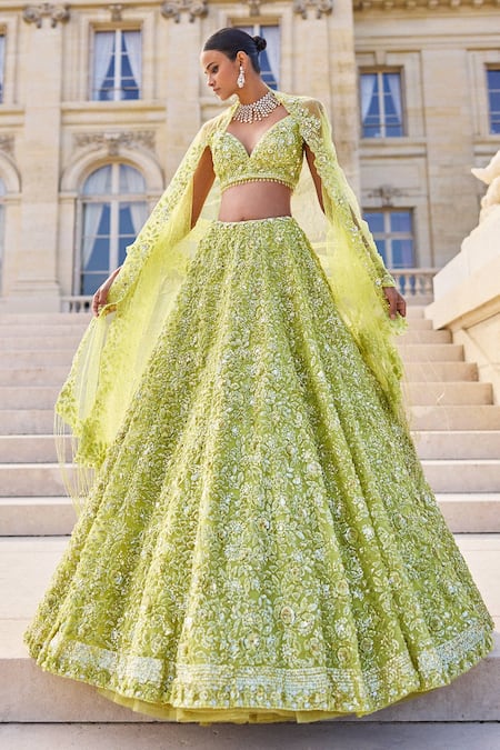 Seema Gujral Green Net Embroidery Sequin Sweetheart Neck Tonal Bridal Lehenga Set 