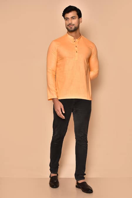 Aryavir Malhotra Orange Cotton Band Collar Straight Short Kurta 