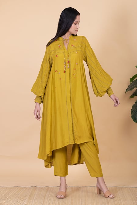 Buy Chambray & Co. Yellow Silk Embroidery Bandeau Neck Remi Thread Kurta And Pant Set at Aza Fashions Buy_Chambray & Co._Yellow Silk Embroidery Bandeau Neck Remi Thread Kurta And Pant Set _at_Aza_Fashions