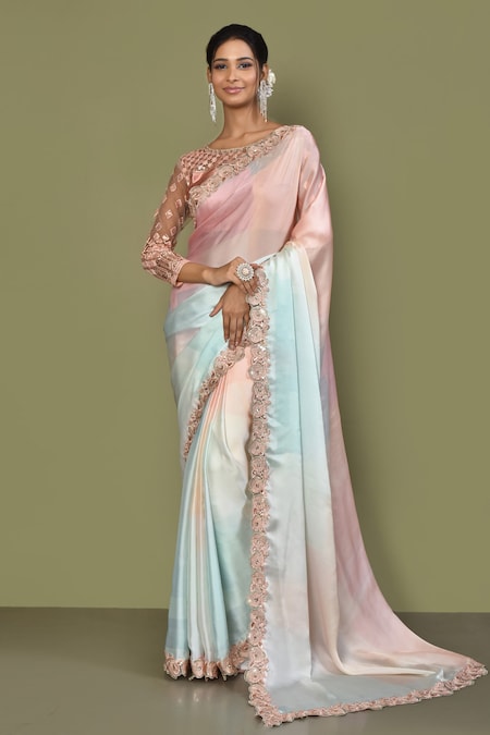 Nazaakat by Samara Singh Pink Blouse Silk And Net Embroidery Thread Round Satin Ombre Effect Saree With