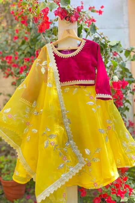 Tiny Pants Yellow Organza And Velvet Embroidery Leaf Flower Vine Lehenga Set 