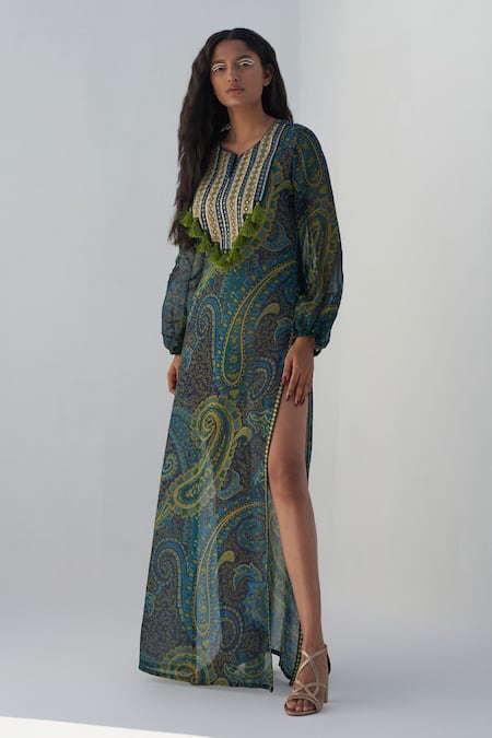 Nadima Saqib Blue Georgette Printed Paisley Round Long Kaftan 