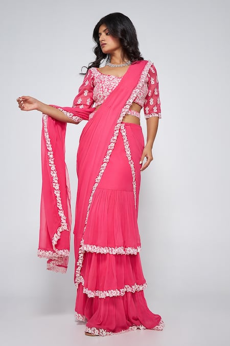 Asaga Pink Silk, Georgette Embroidery Sweetheart Neck Jolie Pre-draped Saree 