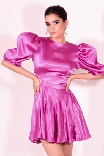 Buy SONAM PARMAR JHAWAR Pink Textured Silk Plain Round Madelyne Side Cut Out Dress at Aza Fashions Buy_SONAM PARMAR JHAWAR_Pink Textured Silk Plain Round Madelyne Side Cut Out Dress_at_Aza_Fashions