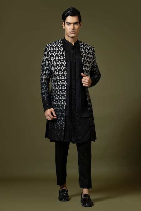 Paarsh Black Achkan Bam Silk Embroidered Thread And Cut Dana Leaf Trouser Set 