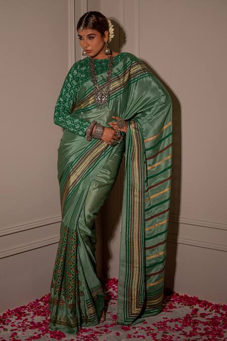The Home Affair Green Cotton Satin Embroidery Boat Striped Print Pallu Saree With Floral Blouse at Aza Fashions The Home Affair_Green Cotton Satin Embroidery Boat Striped Print Pallu Saree With Floral Blouse _at_Aza_Fashions