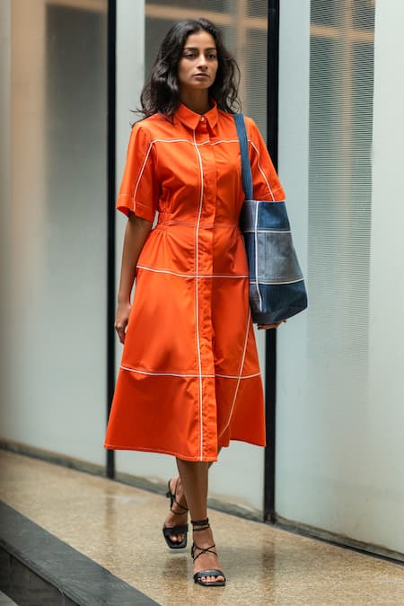 Leh Studios Orange 100% Cotton Poplin Checkered Collared Neck Pattern Shirt Dress 
