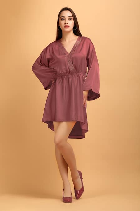 Label Ivish Pink Modal, Satin Rhinestones V-neck Plain Wrap Asymmetric Dress 