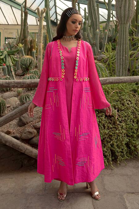 Shop Kacha Tanka Pink Dupion Art Silk And Cotton Satin Hand Embroidery Danka Jacket Kurta Set at Aza Fashions Shop_Kacha Tanka_Pink Dupion Art Silk And Cotton Satin Hand Embroidery Danka Jacket Kurta Set _at_Aza_Fashions