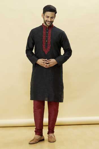 Buy Arihant Rai Sinha Black Silk Embroidery Solid Straight Kurta And Churidar Set at Aza Fashions Buy_Arihant Rai Sinha_Black Silk Embroidery Solid Straight Kurta And Churidar Set _at_Aza_Fashions