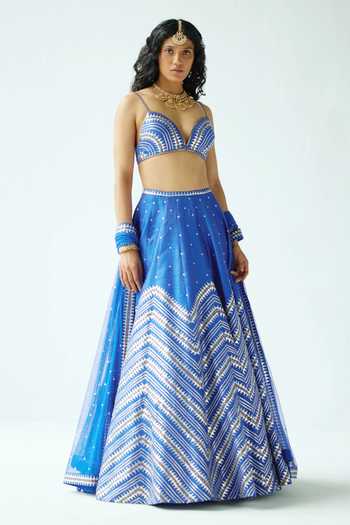 Buy_Priyal Prakash_Blue Silk, Net Zari, Sequins Plunge Neck Chevron Embroidered Lehenga Set _Online_at_Aza_Fashions