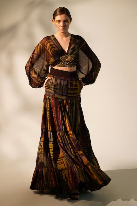 Nikita Mhaisalkar_Multi Color Muslin, Silk Abstract Print Skirt _Online_at_Aza_Fashions