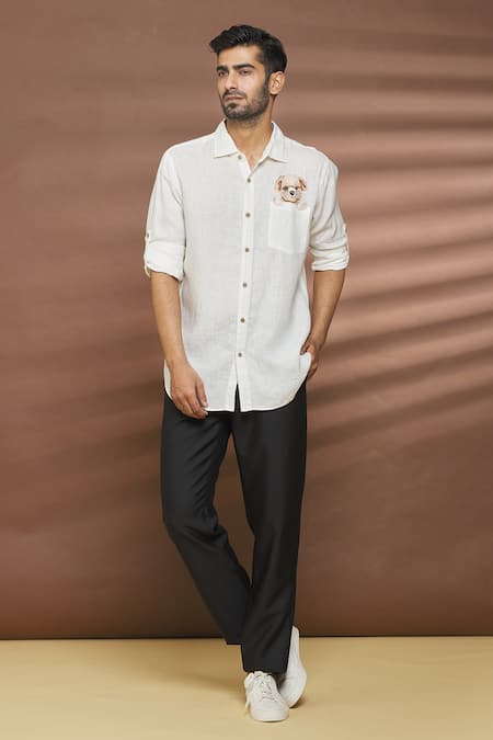 Linen Bloom White 100% Linen Embroidered Thread Work Dog Motif Shirt