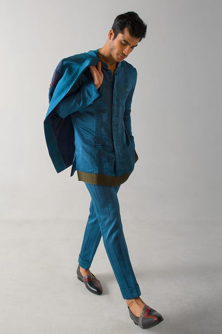 Jatin Malik Blue Linen Silk Hand Embroidered Thread Blazer With Kurta Set 