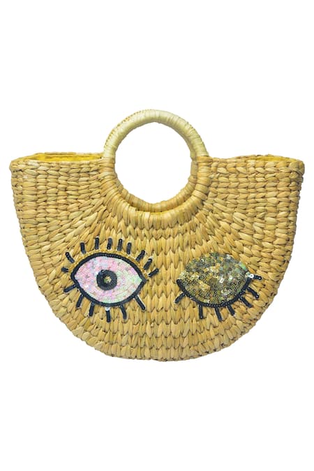 Gin & Tonic Winking Eye Embellished Basket Woven Beach Bag 