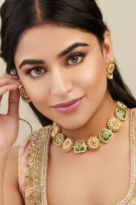 Curio Cottage Green Kundan Pearl Embellished And Meenakari Work & Necklace Set