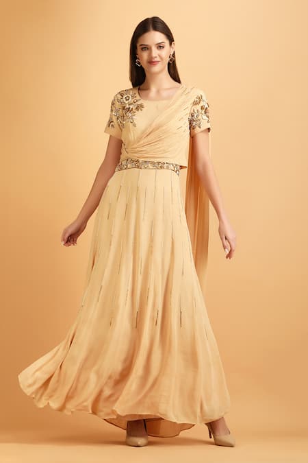 LABEL IVISH Pearl Embroidered Draped Anarkali Gown 