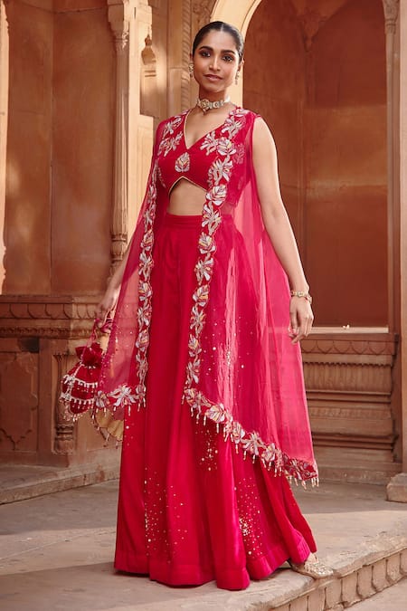 Ajiesh Oberoi Pink Velvet, Organza Sequins, Beads V-neck Embroidered Cape And Sharara Set 