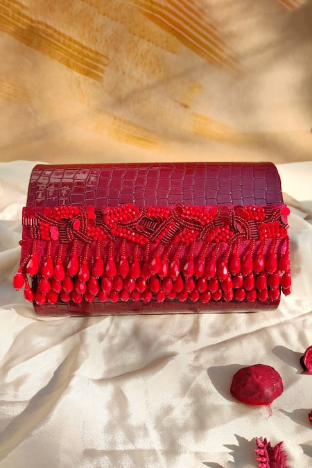 House Of Vian Red Beads, Pearls Noorie Layered Tasselled Clutch 