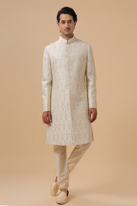 Raghavendra Rathore Blue Off White Silk Embroidery Flower Achkan