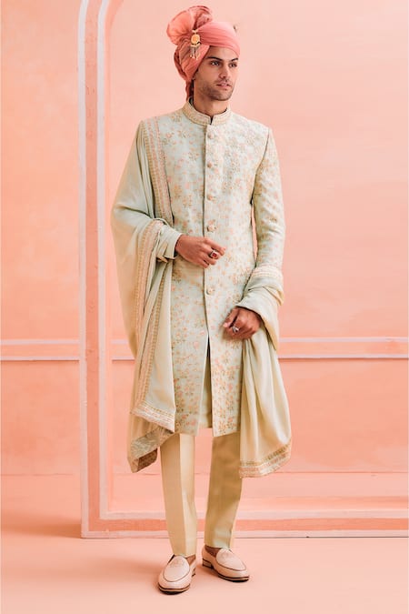 Philocaly Gulshan Periwinkle Flower Embroidered Sherwani Set 