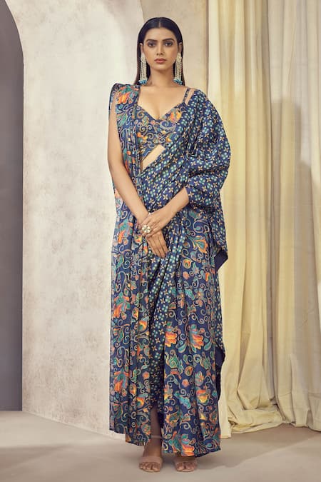 AFFROZ Maaya Pre-Draped Floral Print Saree With Blouse 