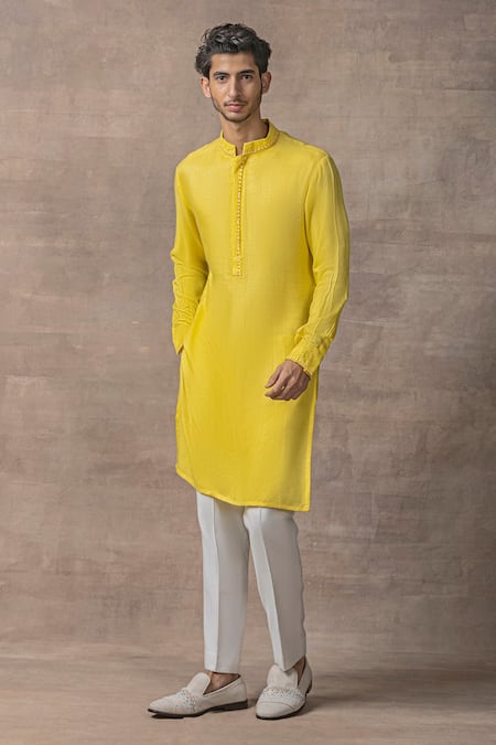 Sarab Khanijou Yellow Moss Crepe Plain Neckline Embroidered Kurta Set 