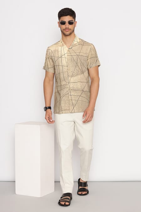 Lacquer Embassy Beige Rayon Printed Linear Doodle Half Sleeve Shirt 