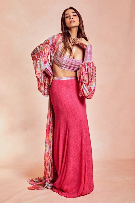 Krisha sunny Ramani Fuchsia Georgette Printed Geometric And Embroidered Cape Lehenga Set 