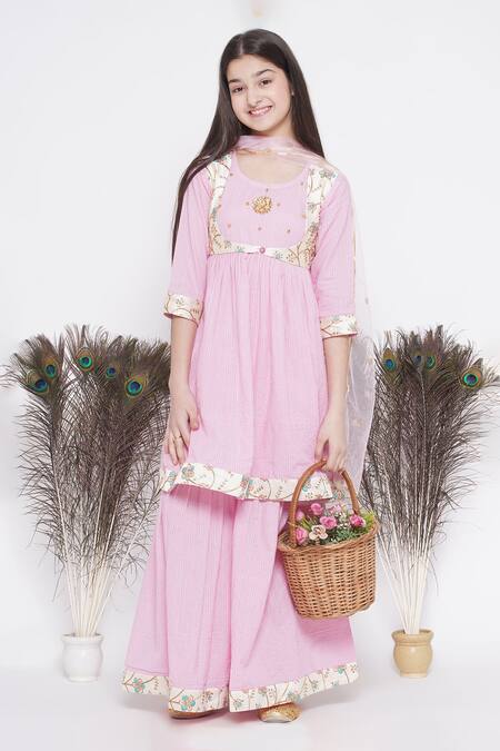 Little Bansi_Pink Cotton, Net Embroidery Kurta Sharara Set_Online_at_Aza_Fashions
