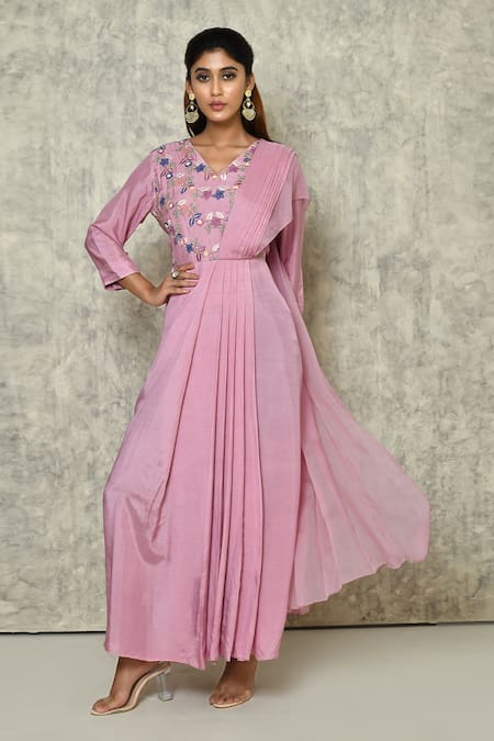 Nazaakat by Samara Singh Pink Organza Embroidered Thread V Neck Hand Saree Gown