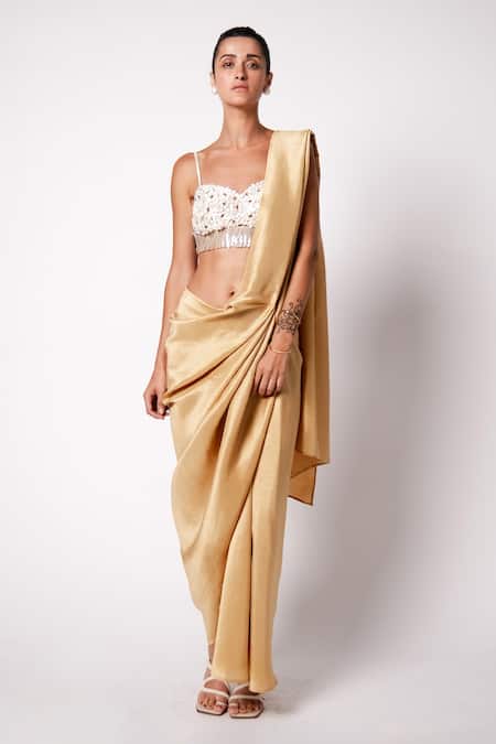 431-88 By Shweta Kapur Gold Silk Embroidery Shells And Masai Pre-draped Saree With Iris Bustier  