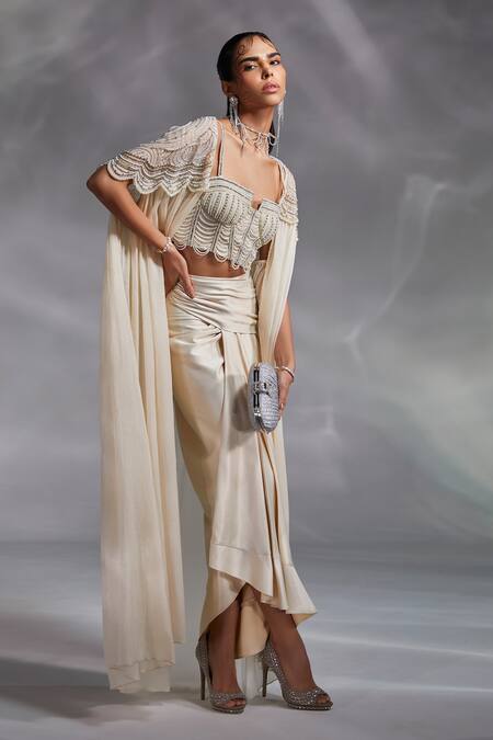 Buy_Divya Aggarwal_Off White Blouse Silk Satin Embellished Alauren And Draped Skirt Set  _Online_at_Aza_Fashions