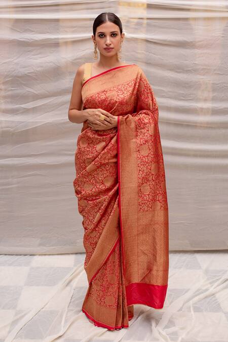 Priyanka Raajiv_Red Silk Floral Tara Banarasi Saree_Online_at_Aza_Fashions