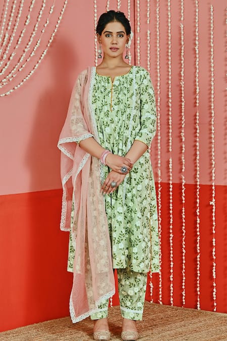 Myaara Hand Block Rose Print Kurta Pant Set 