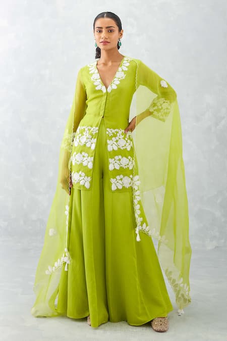 Devnaagri Front Slit Embroidered Kurta Sharara Set 